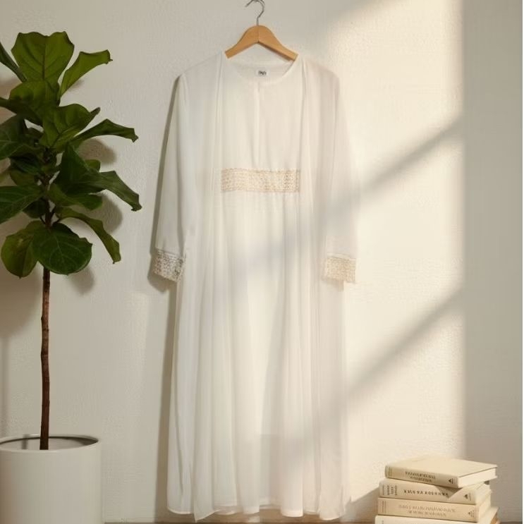 Gamis Ceruti Baby Doll Full Renda – Elegant Dress | Outer Menyatu | Warna Broken White | NEW