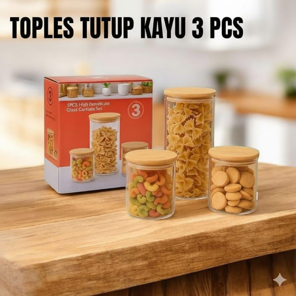 Toples Kaca Set Sealed Tank Tutup Kayu / Toples Kaca isi 3