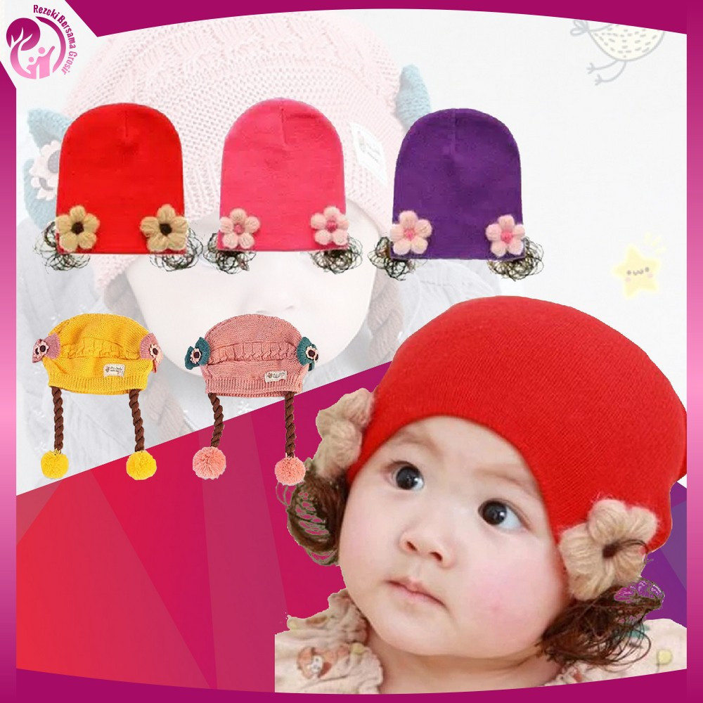 Baby Hat Kepang Rambut Palsu Kuncir 2 Anak Lucu / Topi Rambut Palsu Lucu Anak Model Tinggi / Kupluk 