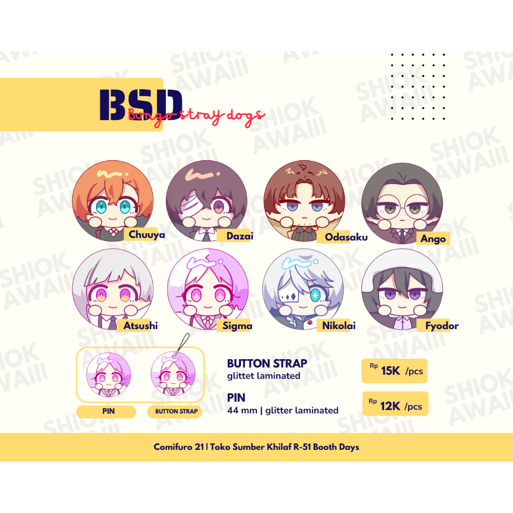 Bungou Stray Dogs Pin Button & Button Strap fanmerch by Shiokawaiii | Dazai Chuuya Odasaku Ango Fyod