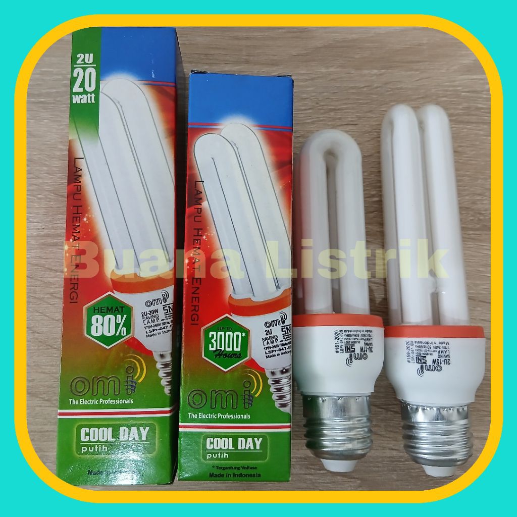 Lampu Bohlam PLC 2U lilin OMI 20W, 18W,  15W, 13W, 11W Putih