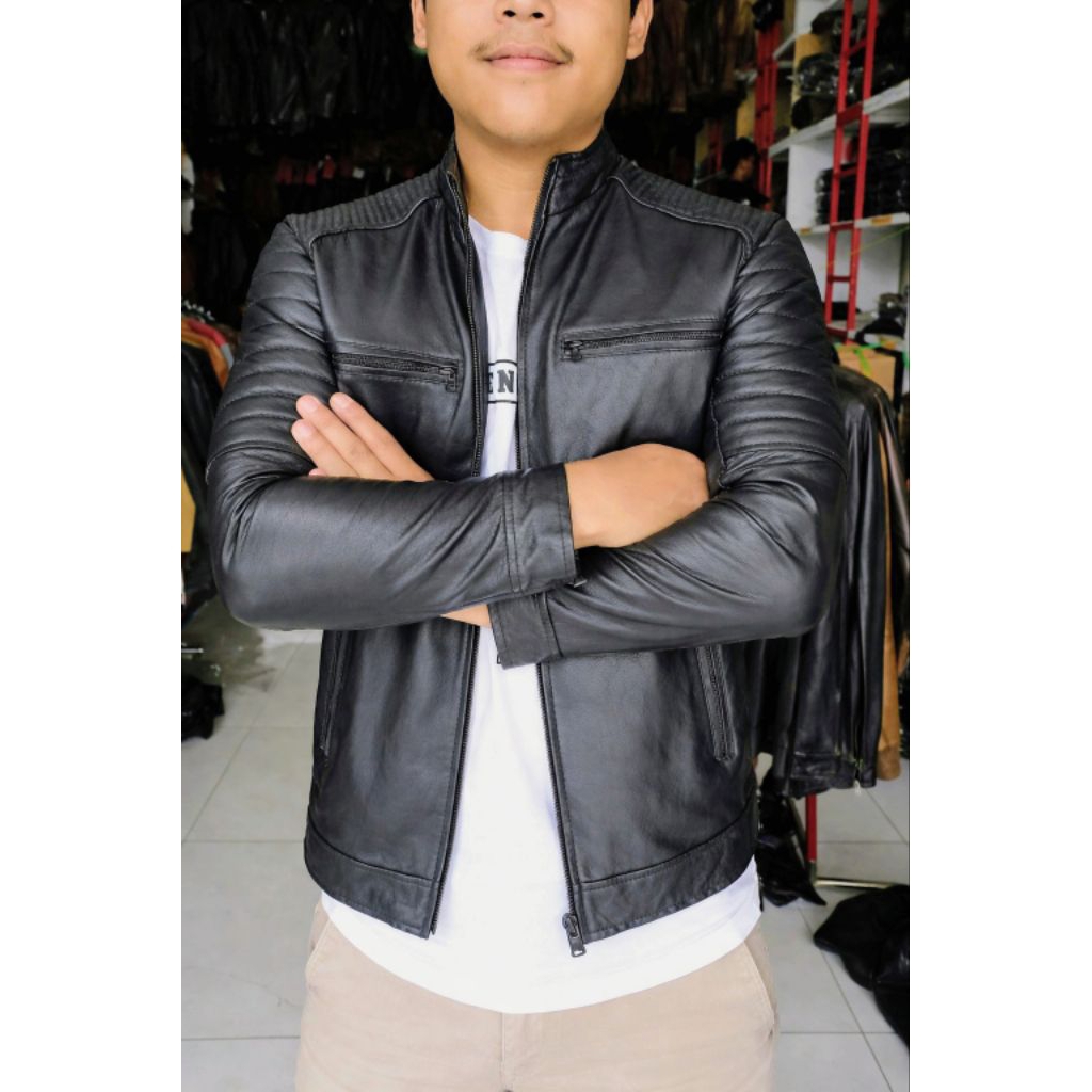 Jaket Kulit Asli Domba Pria - Model Slim Fit Hitam | Jaket Motor & Casual Premium