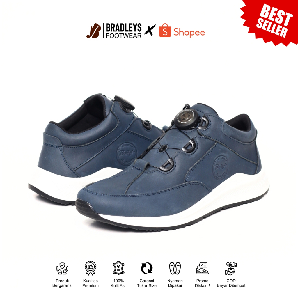 Bradleys Theo TP Navy - Sepatu Kulit Kasual Sneaker Pria Tali Putar