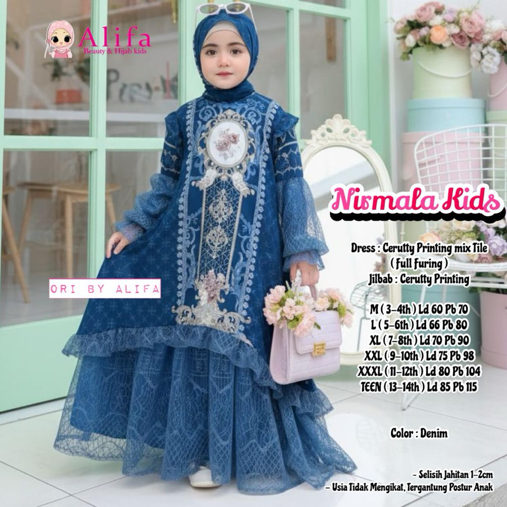 NIRMALA KIDS BY ALIFA GAMIS CERUTY MOTIF BRUKAT LEBARAN SET JILBAB