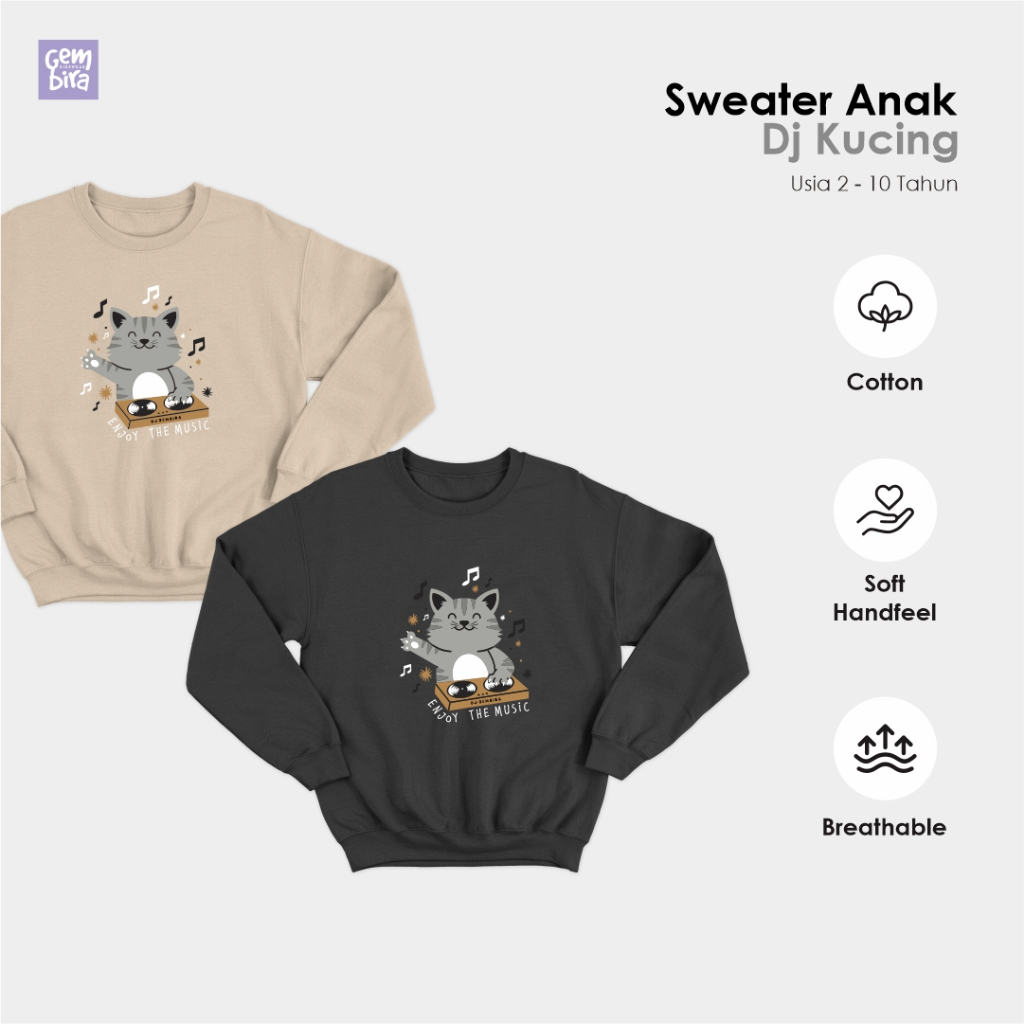 Switer Crewneck Baju Atasan Anak Sweater Anak Laki Laki Perempuan DJ Kucing Usia 1 2 3 4 5 6 7 8 9 1