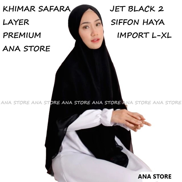 KHIMAR SAFARA 2 LAYER SIFON SILK HAYA  FREE : CADAR TALI/JILBAB 2 LAYER SIFON JET BLACK SIZE XL-PD 1
