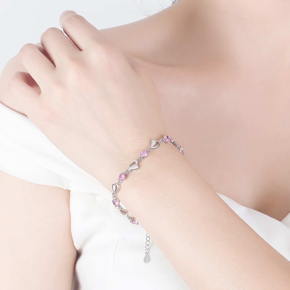 Gelang Tangan Perak Lapis Batu Zirkon Ungu Hati Anti Karat (COD)