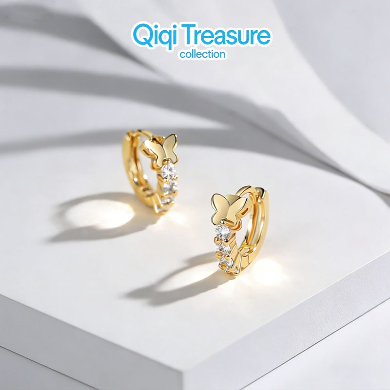 Anting Hoop Titanium Korea Panjang Anting Kupu Kupu Anti Karat Lapis Emas Anting Wanita Dewasa