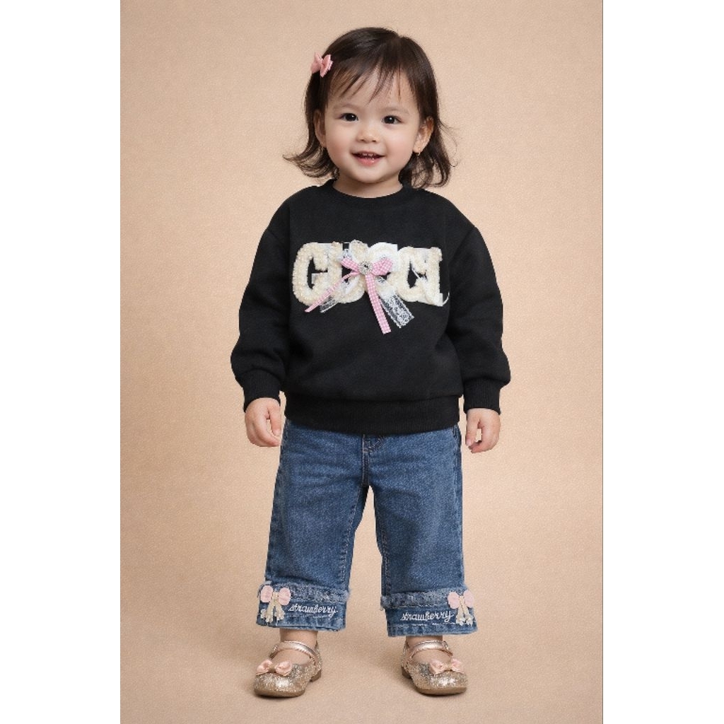 SETELAN JEANS KULOT SWEATER ANAK PEREMPUAN KEKINIAN MOTIF GUCCI