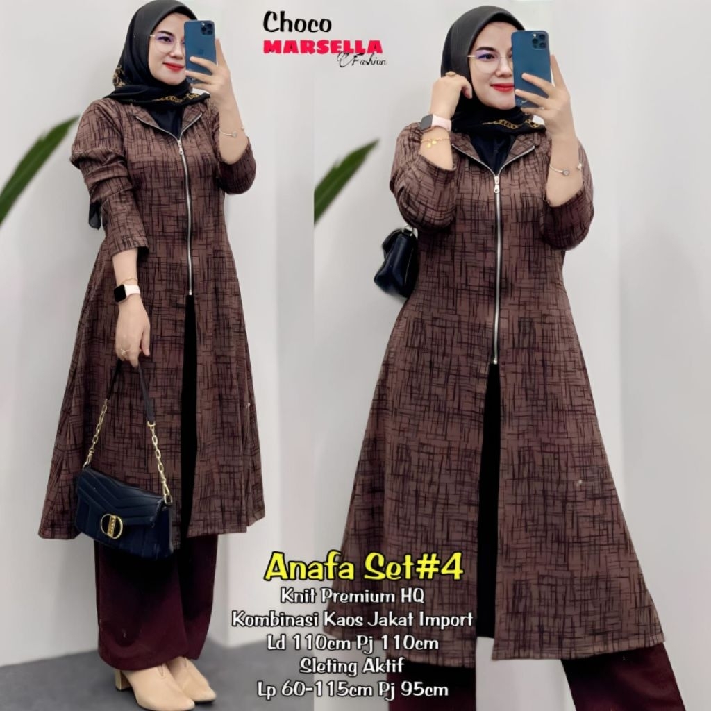 Anafa Set #4 Tunik Panjang Wanita Knit Premium HQ | Setelan Tunik Resleting + Celana | Busui Friendl