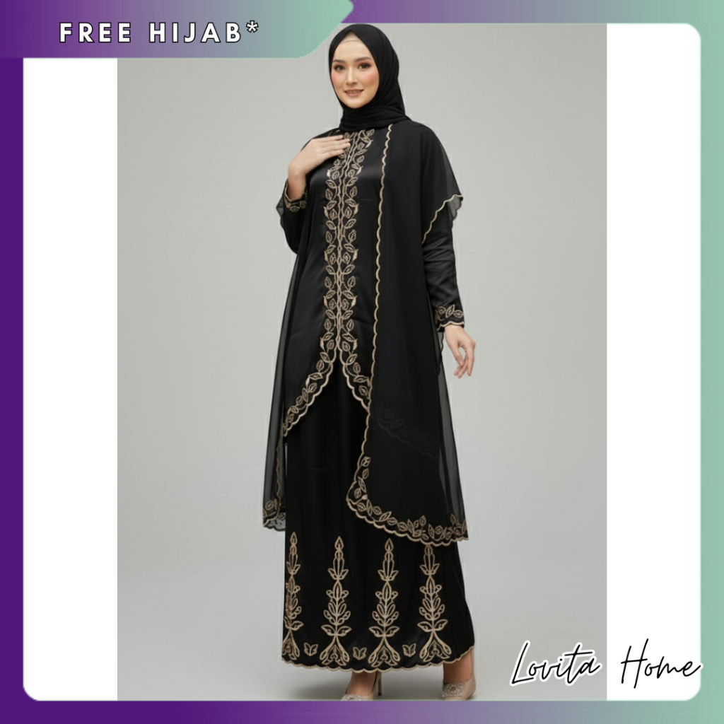 COD - Setelan Kebaya Kurung KHARISMA Dan Selendang Organza – Set Baju Kurung Full Bordir Pelangi Jay