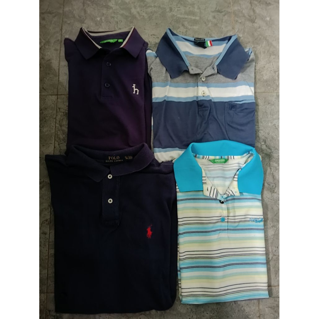 Kaos polo baju polo berkerah garis-garis katun olahraga unisex pria wanita second full brand branded