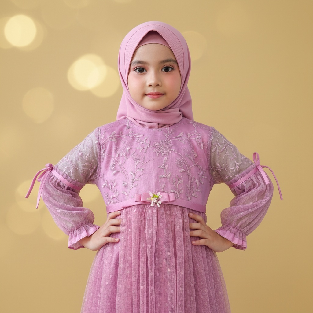 Dress Pesta Anak Panjang Premium Tile Polkadot Lengan Balon Baju Gamis Lebaran Mewah (Tidak termasuk