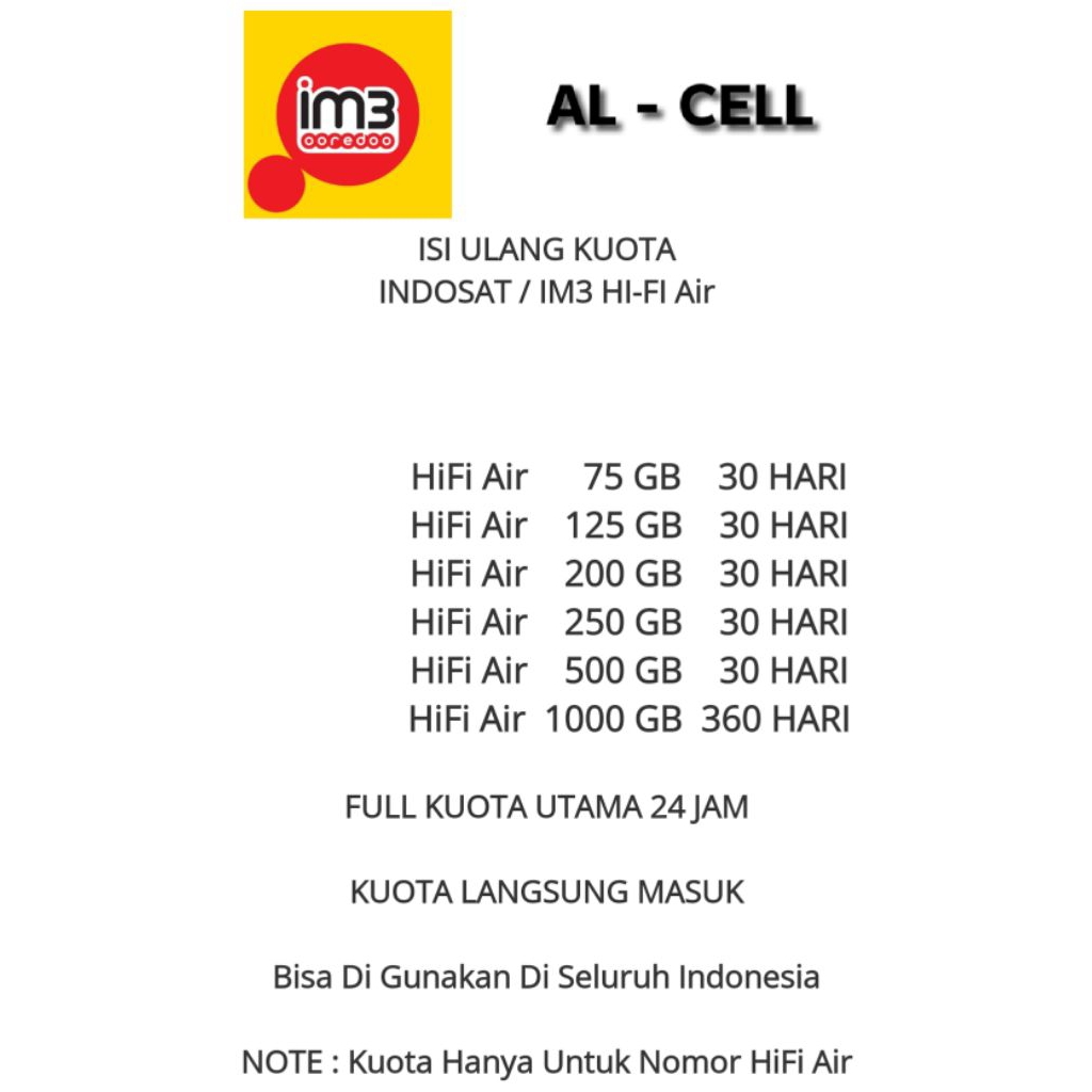 Isi Ulang Paket INDOSAT / IM3 HiFi Air Dan Tri ( 3 ) HiFi Air 50 GB - 500 GB