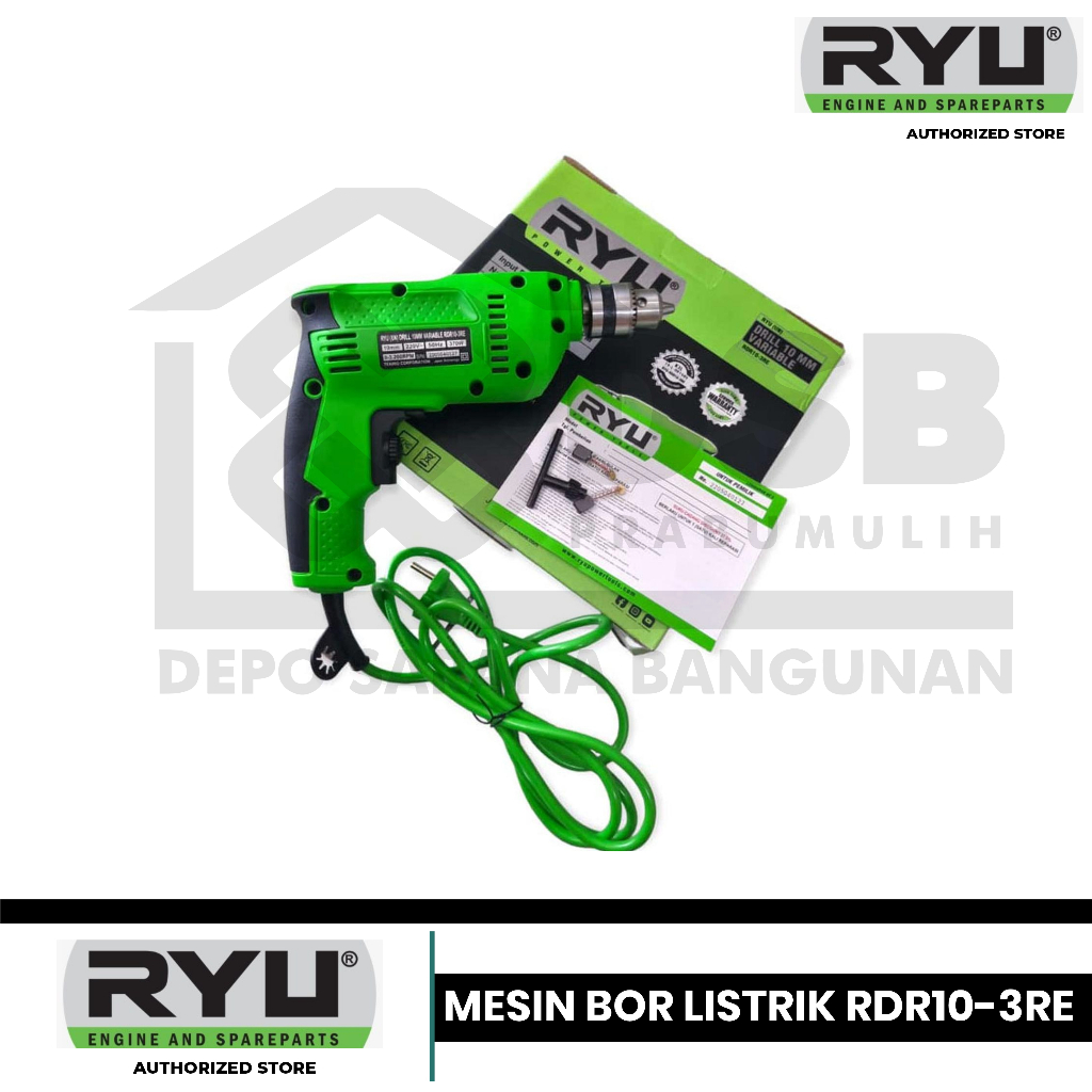 RYU Mesin Bor Listrik RDR10-3RE 10mm Reversible Variable Speed 370W 220VAC untuk Kayu & Baja Ringan