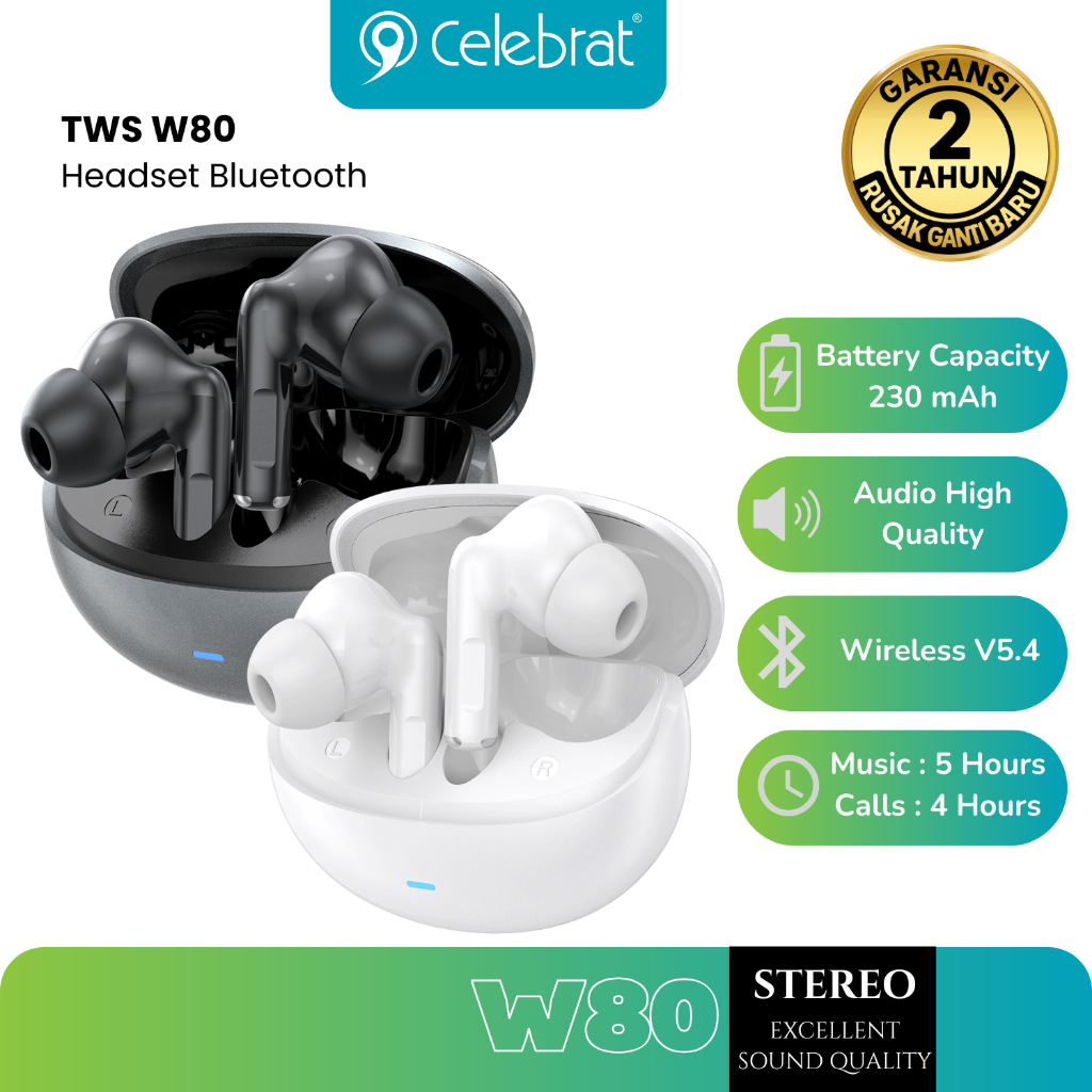 Celebrat W80 TWS Earbuds Bluetooth 5.4 Stereo Sound Rich Bass Waterproof