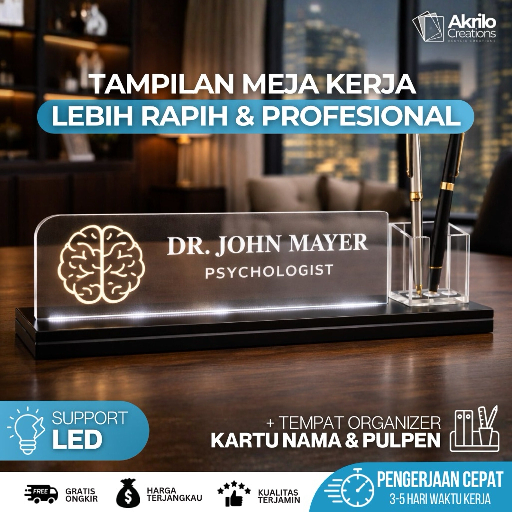 Papan Nama Meja Kerja Akrilik LED Custom Nama Jabatan dan Logo | Elegan, Rapi & Profesional