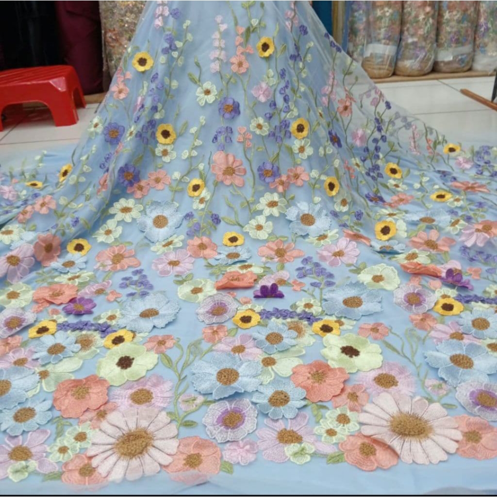 kain tile bordir 3D bunga mawar indah banget