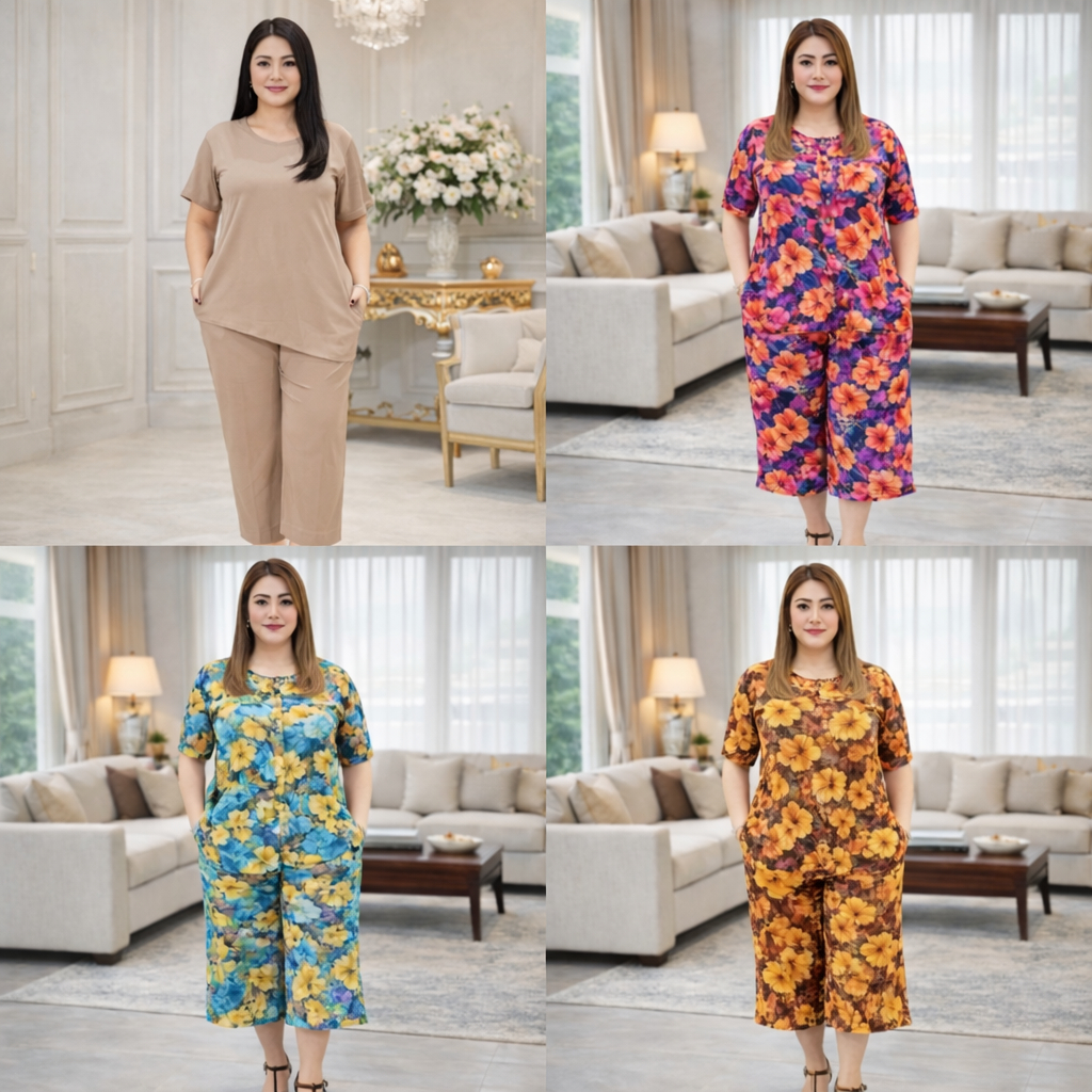 Setelan Kulot Baladewa Rayon Santung Batik XXL Babydoll Jumbo Kancing Depan