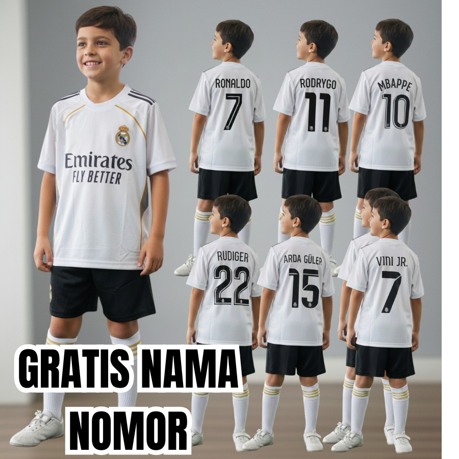 jersey bola madrid kids home/jersey madrid printing/setelan bola anak madrid printing usia 5-12thn