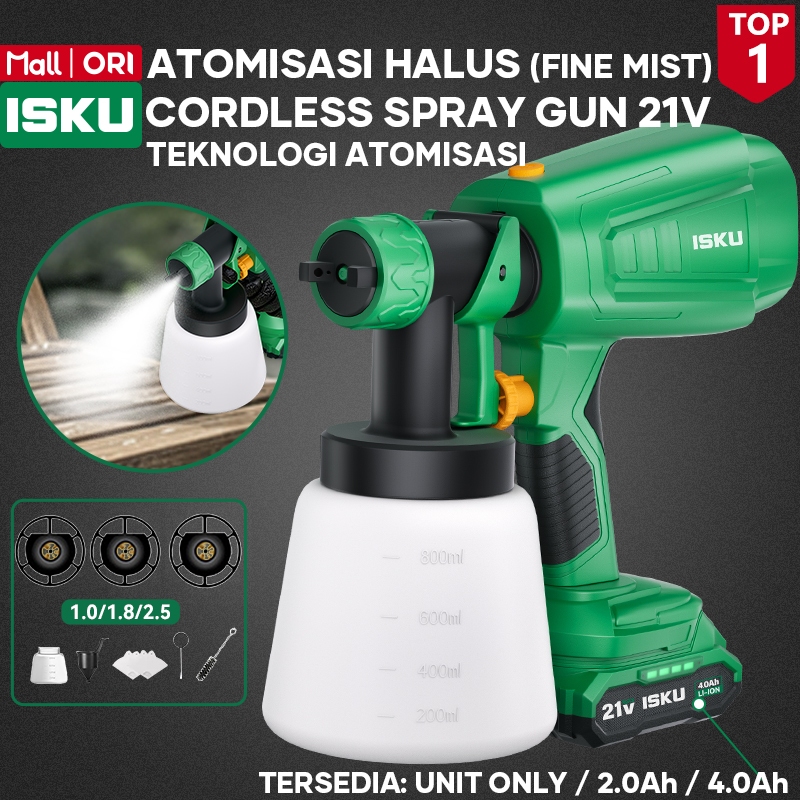 ISKU Cordless Spray Gun 21V Semprotan Cat Baterai Tanpa Kompresor Tembok Kayu Besi Halus