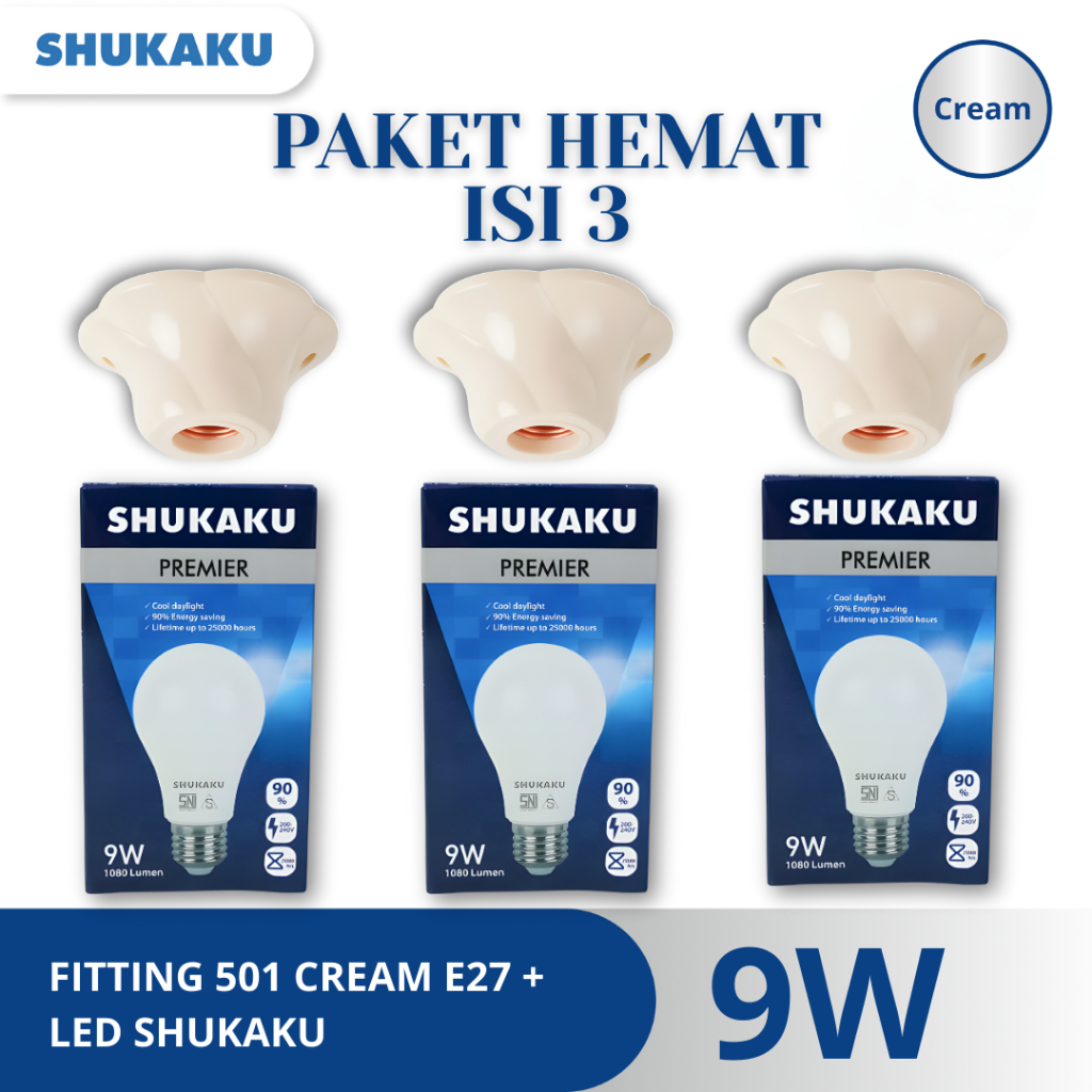 Paket Hemat Bundling SHUKAKU LAMPU LED  9 Watt Putih + BRIGHT G Fitting Lampu