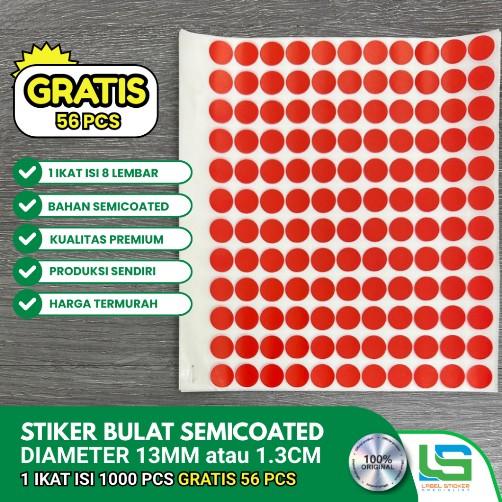 LABEL STIKER BULAT WARNA MERAH BAHAN SEMICOATED DIAMETEER 13MM atau 13CM 1 IKAT ISI 8 LEMBAR (1 LEMB