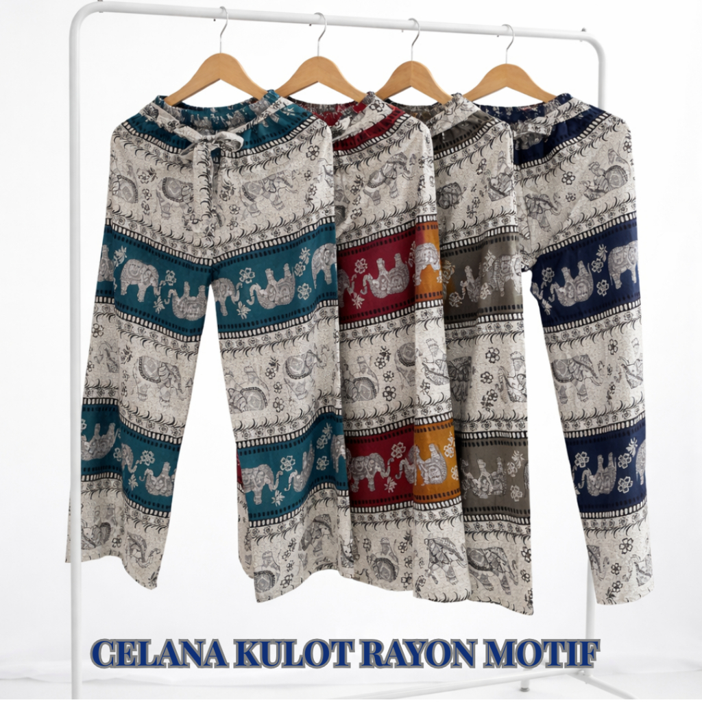 Celana Panjang Katun Rayon Motif Gajah Thailand Mihi Mihu Kulot Wanita Santai Rumahan Unisex Jumbo