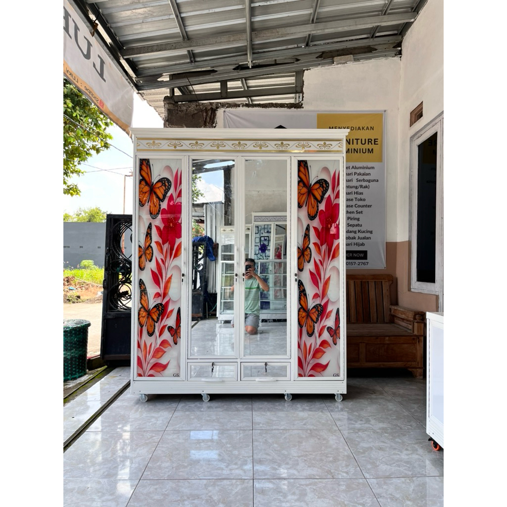 LEMARI KACA ALUMINIUM PINTU MOTIF BUNGA | LEMARI ALUMUNIUM JUMBO PINTU 4 PLUS 2 LACI