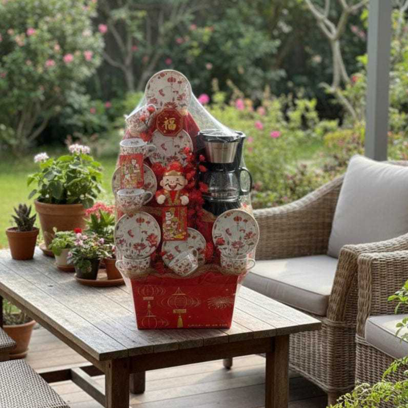 Parcel Tea Set Imlek + Coffee Maker Motif Lampion dan Bunga Teratai - Parcel Gelas - Parcel Piring