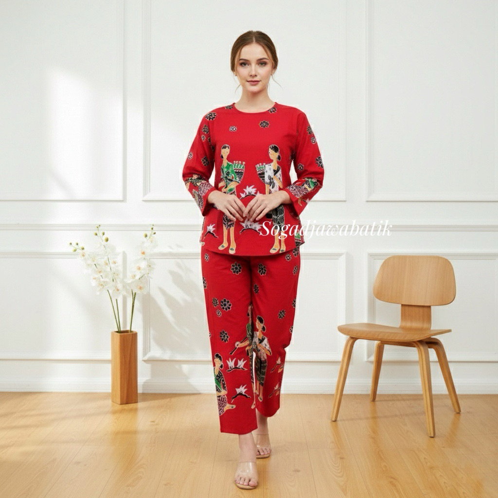 Setelan batik lucu mbok jamu lengan panjang, celana panjang bahan katun