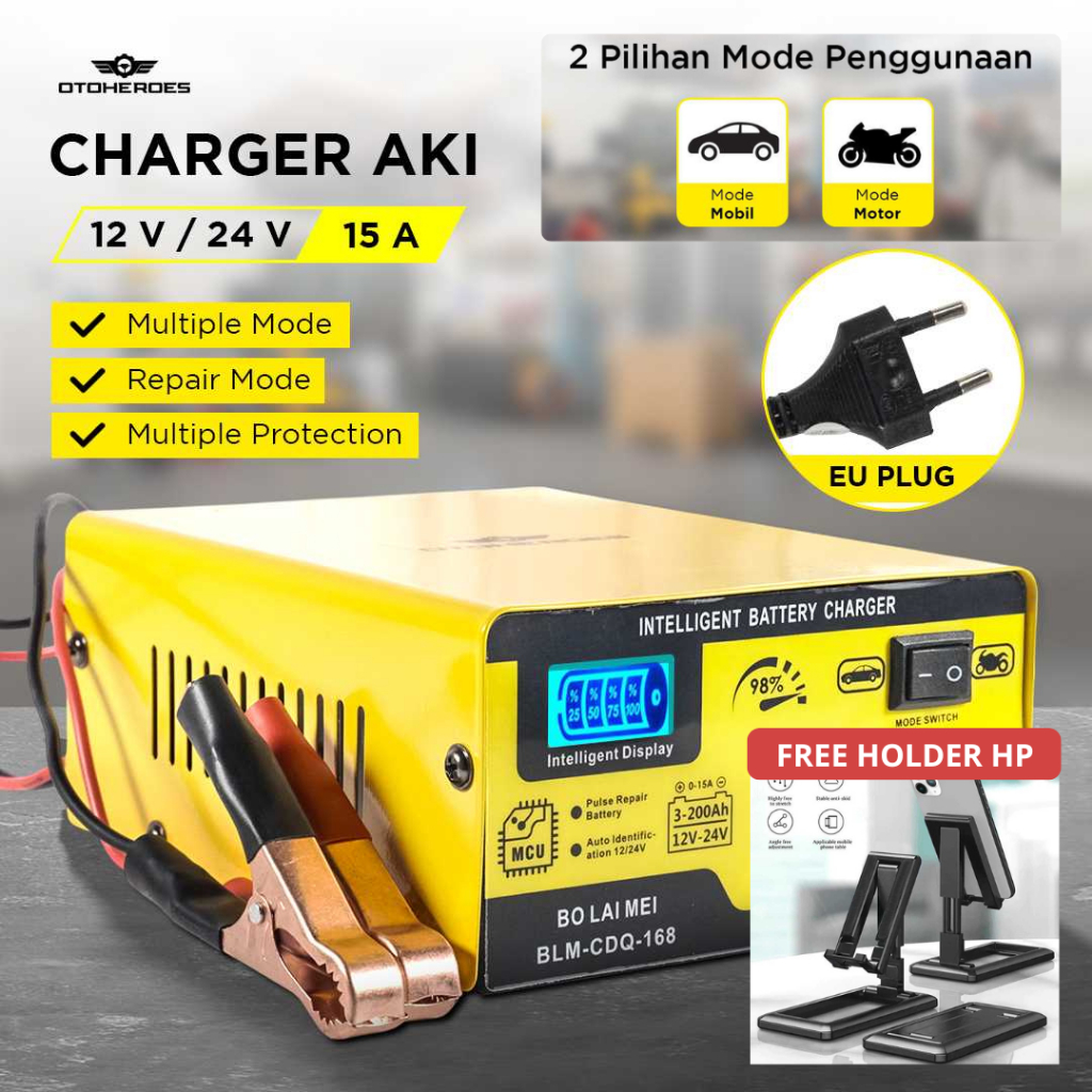OTOHEROES Charger Aki Mobil Motor 12V/24V Otomatis Anti Overcharge Compact