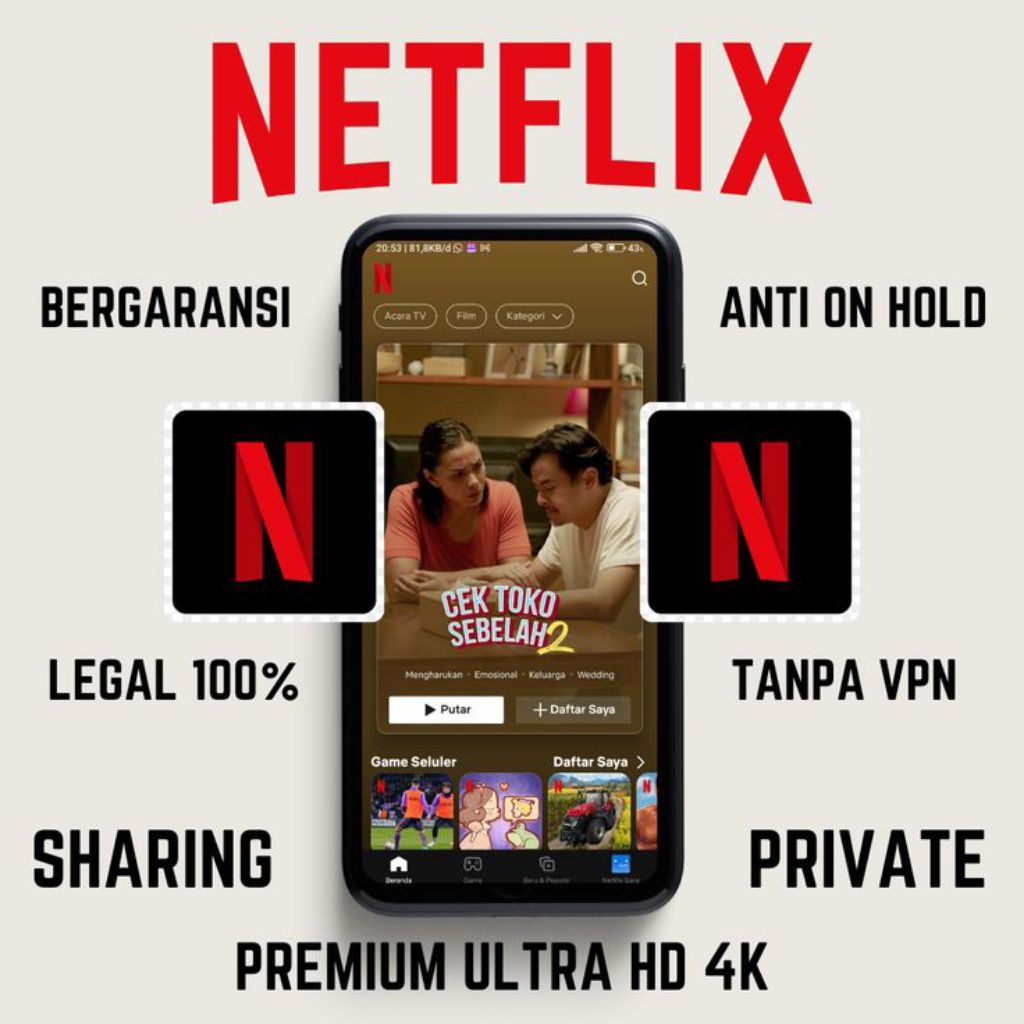 BERLANGGANAN NETFLIX PREMIUM 2 - 3 KUALITAS 4K UHD NO LIMIT DAN BERGARANSI