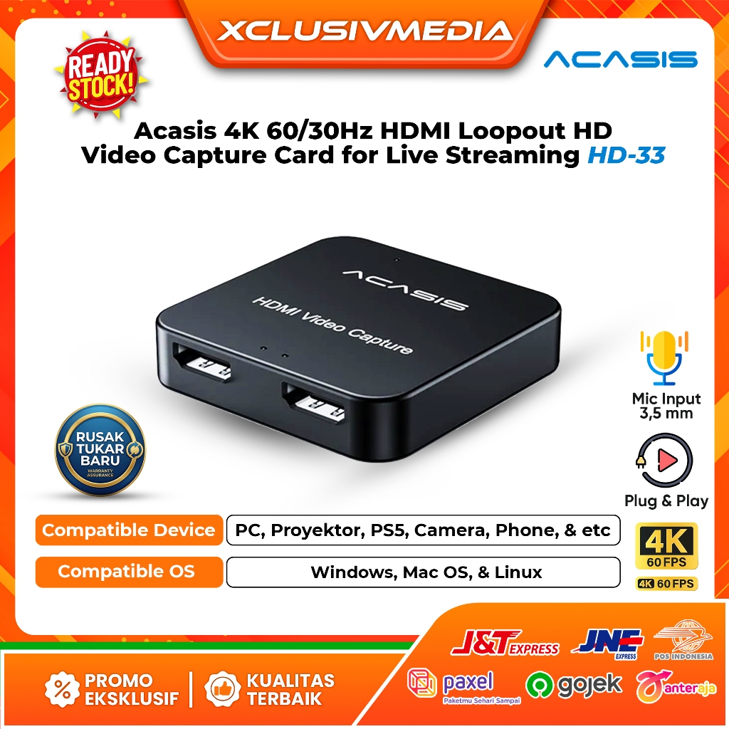 Acasis 4K 30Hz HDMI Loopout HD Video Capture Card, Compatible with PC,Laptop for Live Streaming HD33