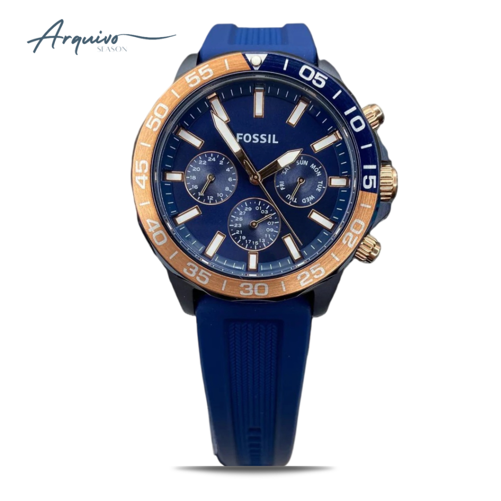 Jam Tangan Pria Fossil Bannon Multifunction Cronograph Blue Rubber Silicone Casual Sporty Original B