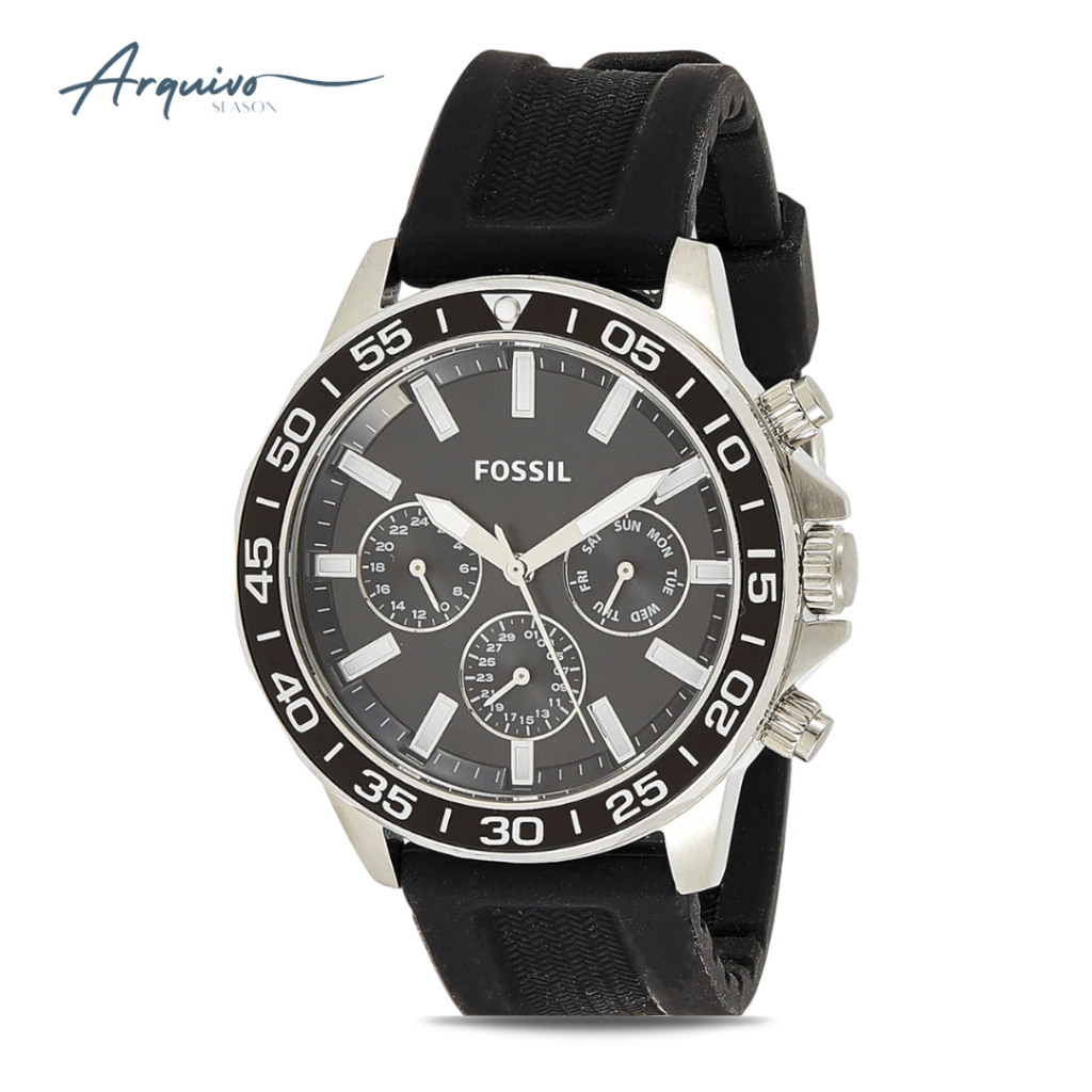 Jam Tangan Pria Fossil Bannon Multifunction Cronograph Black Rubber Silicone Casual Sporty Original 