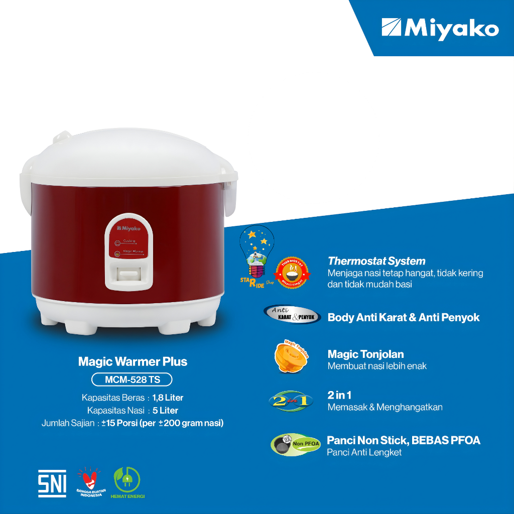 Miyako Magic Com Rice Cooker Penanak Nasi MCM-528TS 528 MCM528 TS MCM528TS 1,8 Liter Anti Lengket No