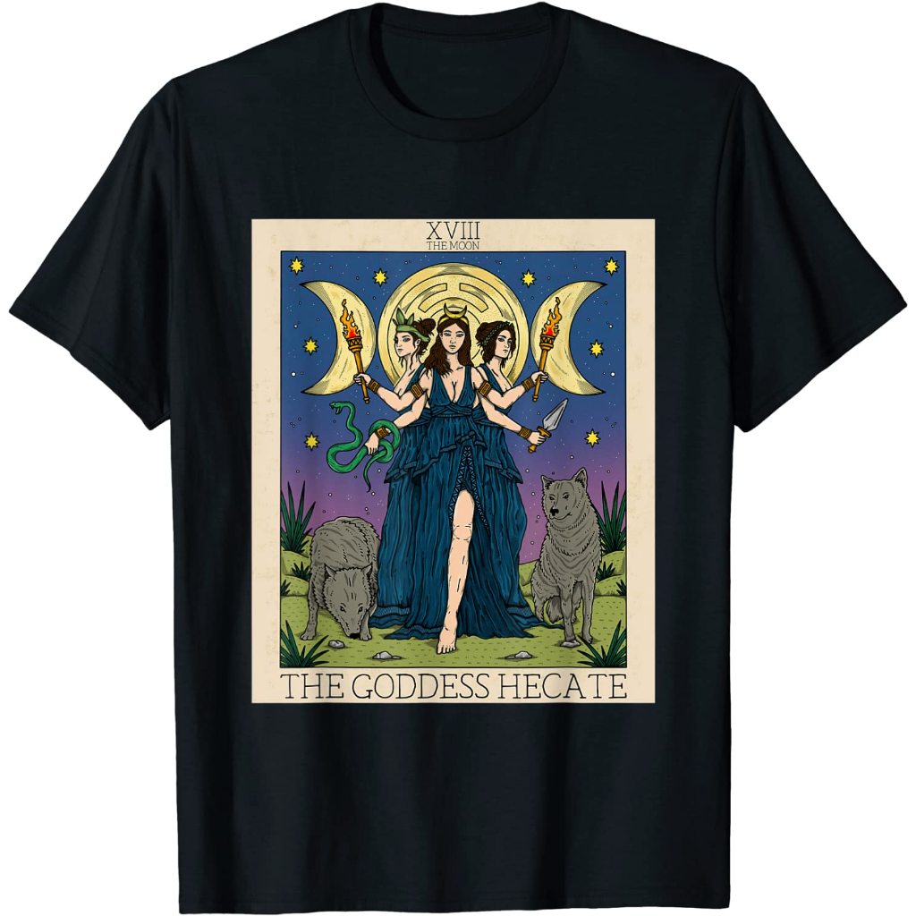 Baju Kaos Dewasa Hecate Triple Moon Goddess Hekate Wheel Witch Tarot Card T-Shirt