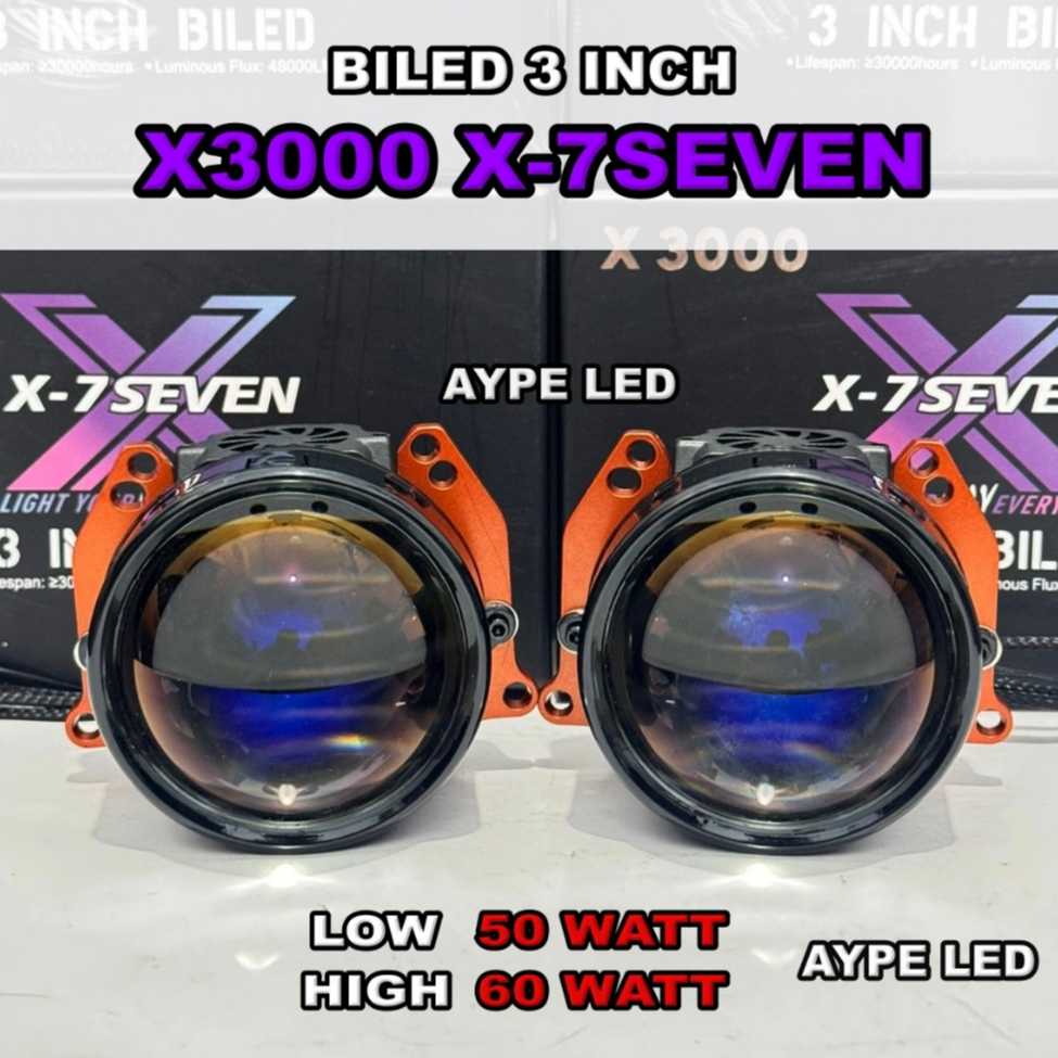 Bilens Biled Projector X-7SEVEN X3000 3 inch Bluelens Triple Kipas Biled 60 WATT Premium