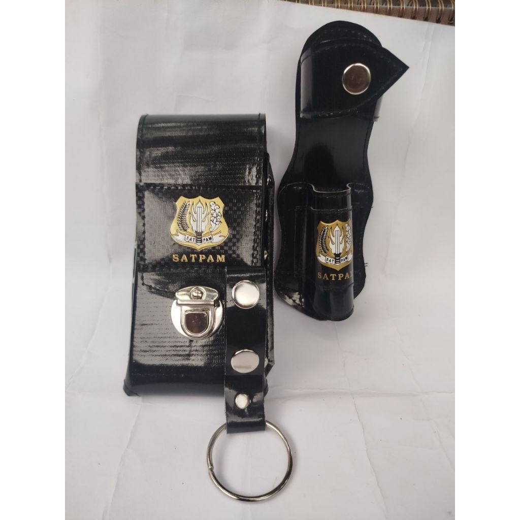 PAKET ATRIBUT SATPAM LOGO KUNING : SARUNG HANPHONE, SARUNG PENTUNGAN, DAN RING TONGKAT BESI
