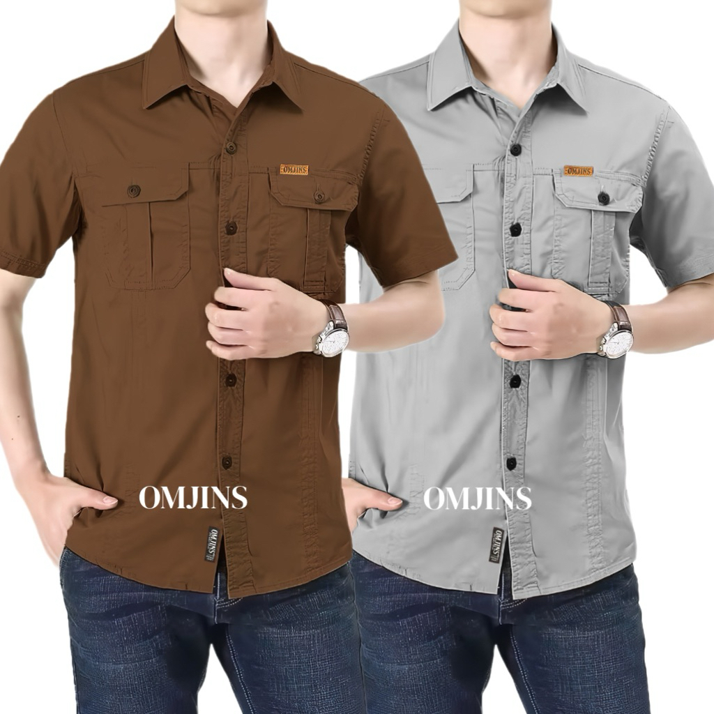OMJINS Kemeja Lengan Pendek Pria Coklat - Baju Kemeja Tactical Baby Canvas - Hem Lapangan Outdoor