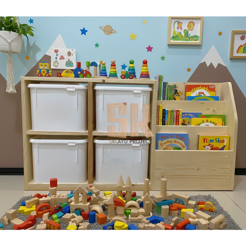 Rak Mainan Anak Minimalis 4 Box + Rak Buku Samping - Rak Buku Trofast Minimalis Kayu Jati Anak Serba