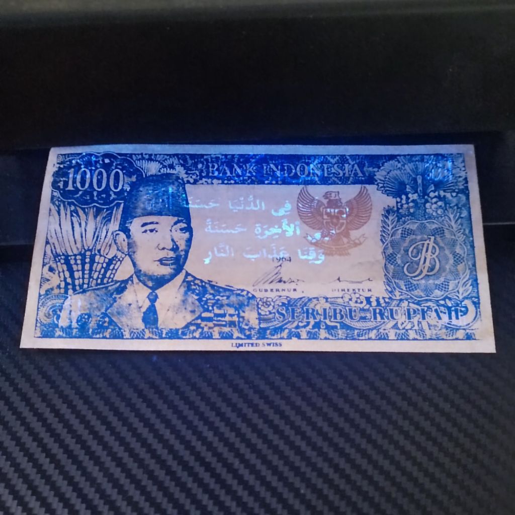 Uang Kuno Uka2 Soekarno 1000 Biru Berkaligrafi Unik 1964 Garuda Kanan