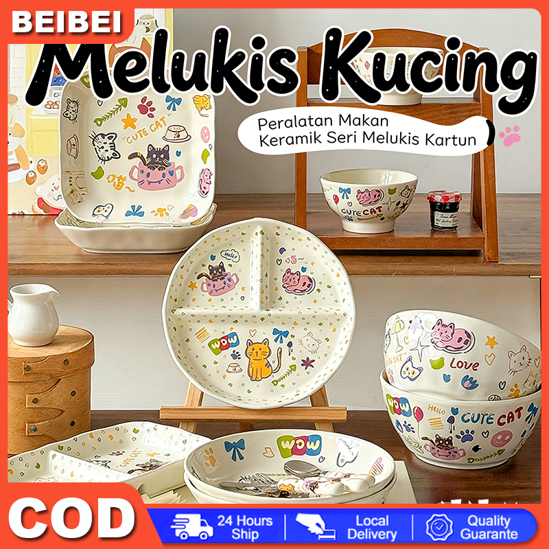 SATUAN Mangkok Piring Sendok Garpu Keramik dengan Gagang Kucing Kitty Animal Kartun Lucu Estetik ala
