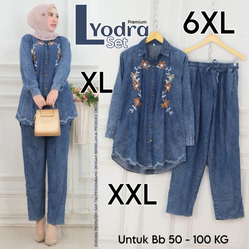 Lyodra Set Jeans BB 50-100+ Kg, Setelan Jeans Jumbo bordir asli