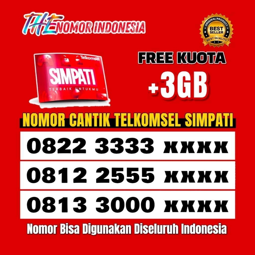 Perdana Cantik Telkomsel Simpati 4G/5G/LTE 3333/0000 | Kuota 3GB (E.0031)