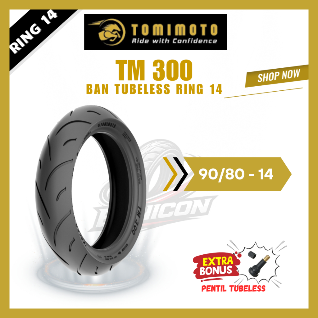 Tomimoto TM300 BAN LUAR TUBELESS 90/80-14 FREE PENTIL untuk Motor Matic Original SNI Ring/Velg 14 Be