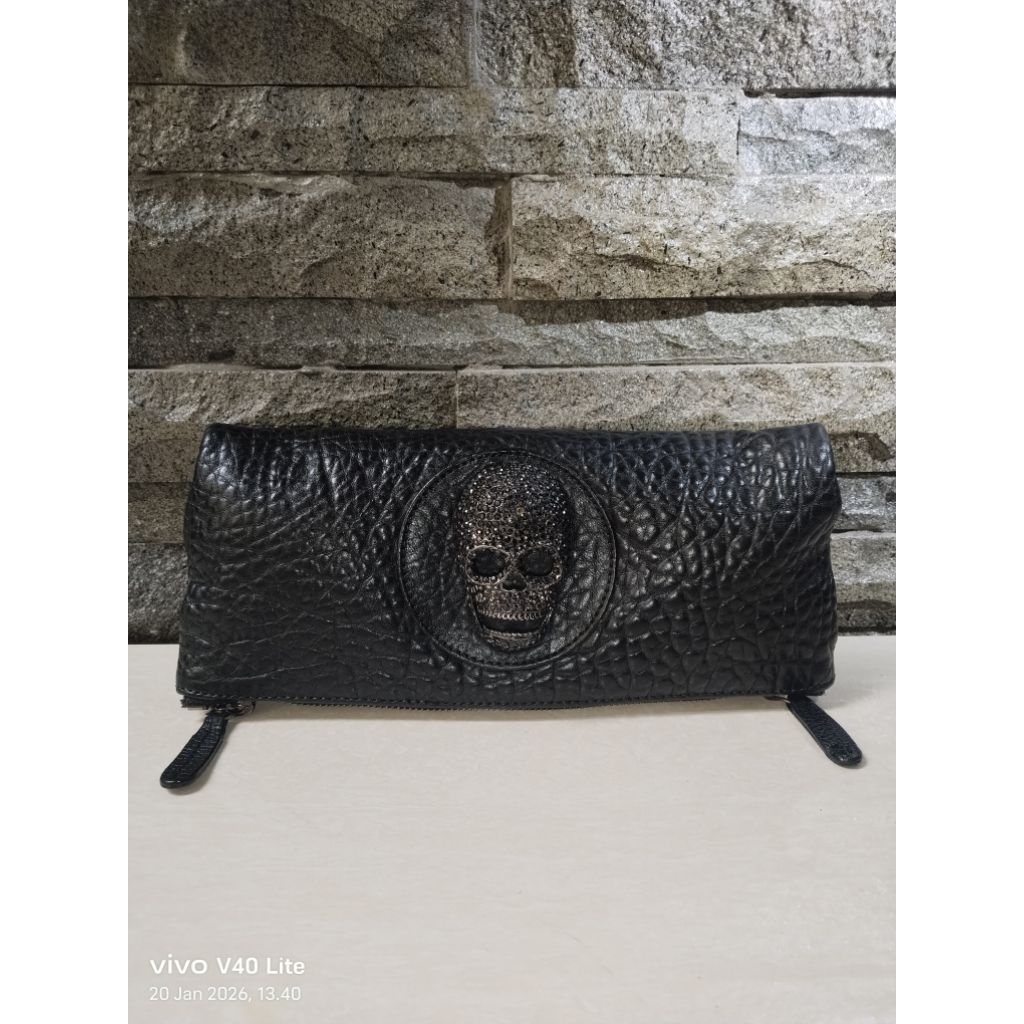 (second) Tas handbag Thomas Wylde Black Leather Clutch Bag Crystal Skull