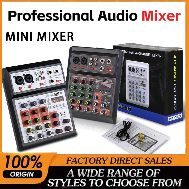 RE-405-Black 4 Channel Audio Mixer Sound Mixing with Bluetooth USB,PC Recording Input, XLR Mic Jack,