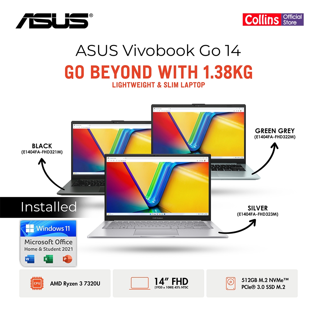 Asus Vivobook GO 14 E1404FA AMD Ryzen 3 7320/RAM 8GB 256GB Windows 11+Office 14.0 inch FHD